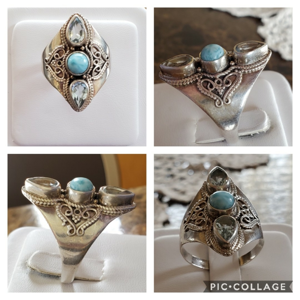 Genuine Blue Topaz & Larimar Ring Size 12 - Picture 2 of 5